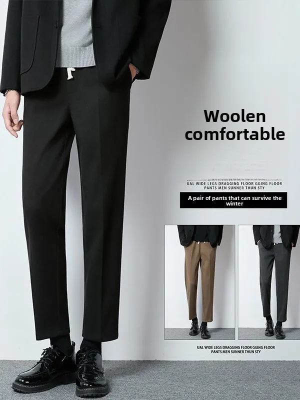 

Men's Casual Woolen Trousers Busin Sle Thiened Dra Korean Version Autumn Winter Long Pants Faion Urban Youth