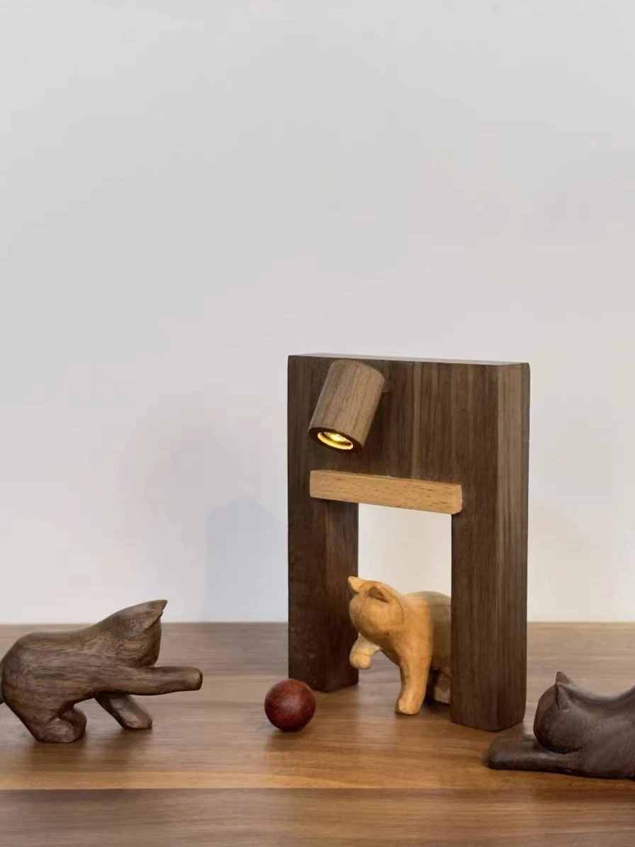 

solid wood night light cat ornament log handmade wood carving