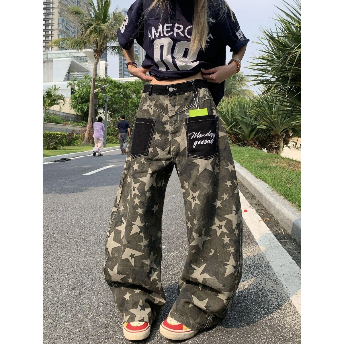 Calças Jeans Largas Camufladas Estilo Americano Retrô para Homens e Mulheres, Calças Casuais de Comprimento Total, Moda Jovem...