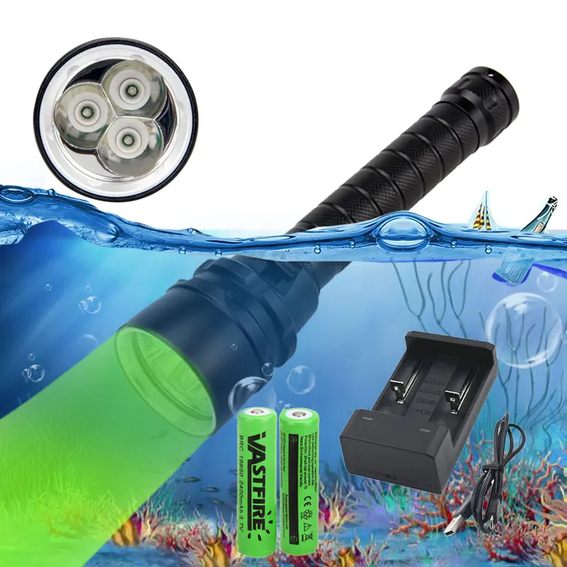 Vastfire Professional Green LED Diving Flashlight Underwater 100m Tactical Torch USB Rechargeable Lantern Power by 18650 Battery