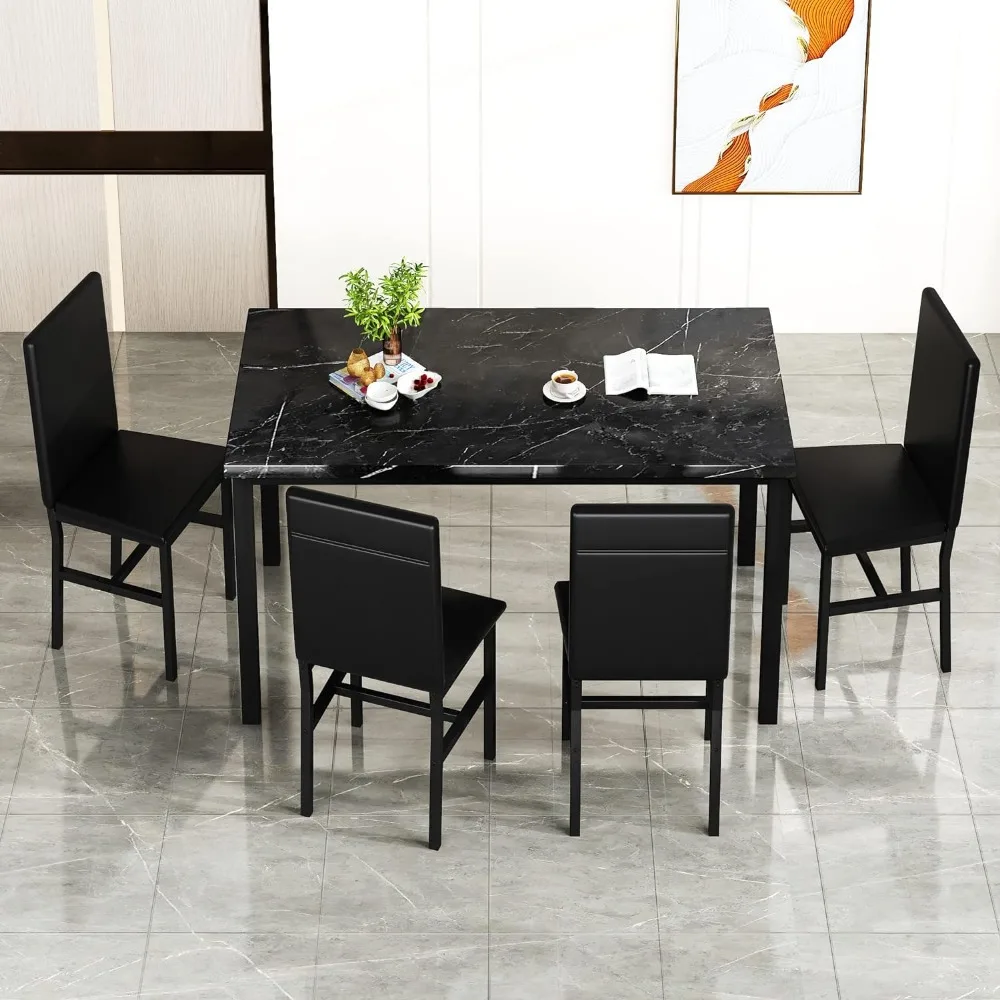 and Chairs for 4, Compact Furniture 5-Piece Dining Room Table Set Faux Marble Table with 4 PU Leather Upholstered S