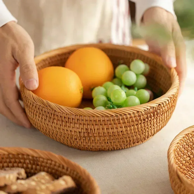 Round Rattan Fruit Basket, Wicker Woven Snack Tray, ,Bread Food Organizer, Kitchen Storage, Home Decoration