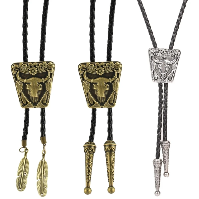 

Y166 Braided Shoestring Bolo Tie with Metal Carving Charm Cowboy Necktie Necklace Country Bolo Tie Cowboy