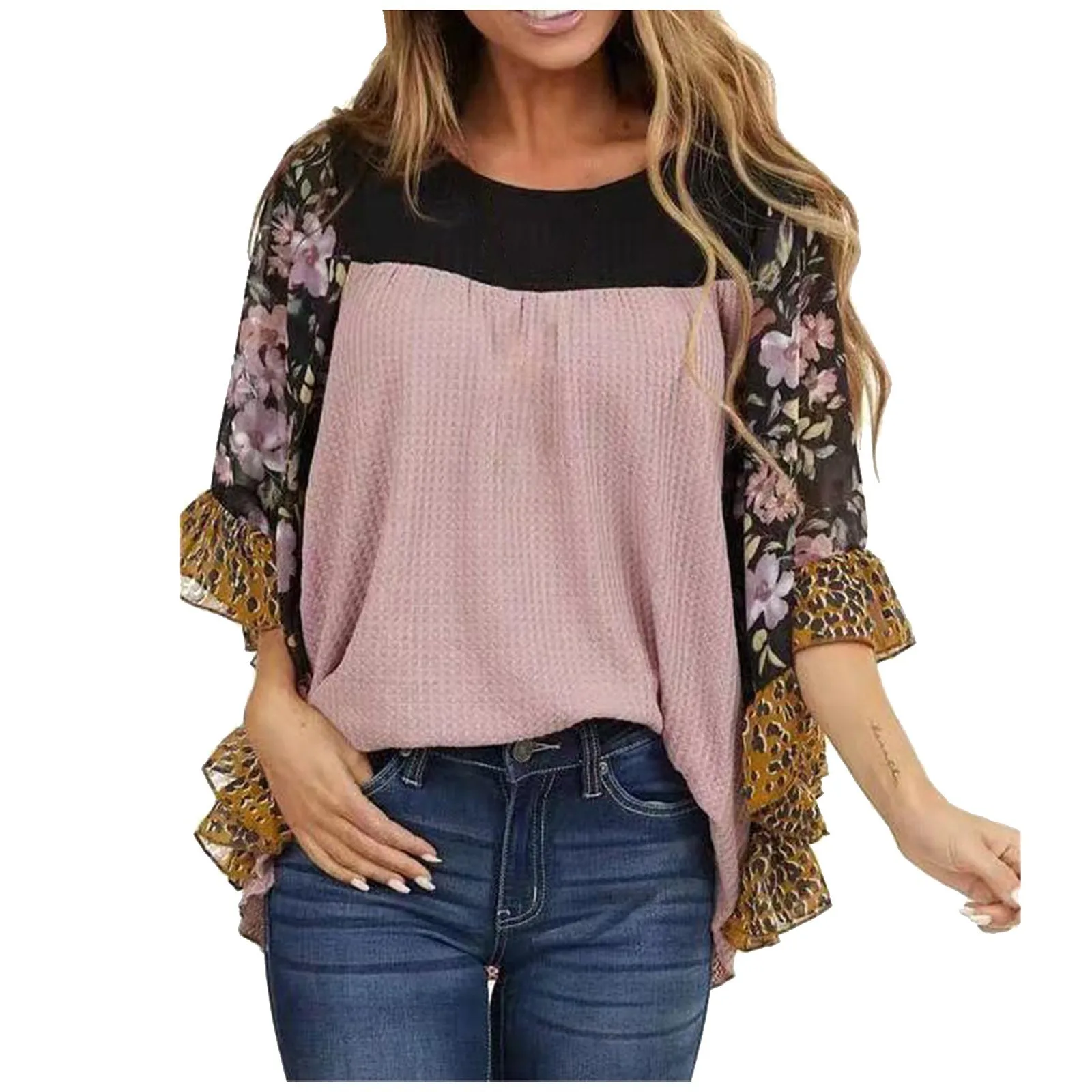 Women's Boho Style Half-Sleeve Splice Top Floral Print Casual Color Blocking Waffle Knit Round Neck Knitting Pullovers Sweater