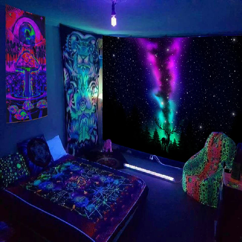 Psychedelic fluorescent tapestry star lion   interior decoration aesthetic  luminous hippie