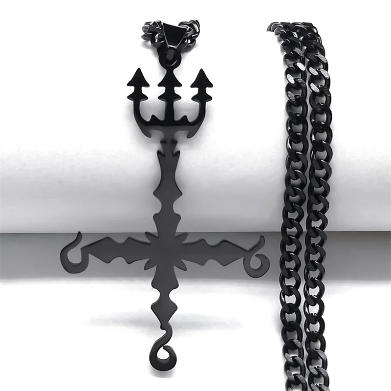 666 Satan Inverted Cross Trident Dämonische Halskette für Damen Herren Edelstahl Silber Farbe Statement-Halsketten Schmuck N8055SR – Detail 5