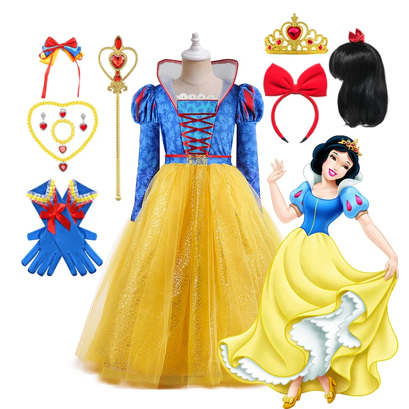 Vestido de Blancanieves para niñas, traje de fiesta de manga larga azul y amarillo, para Halloween, fiestas de cumpleaños y juegos de disfraces para niñas