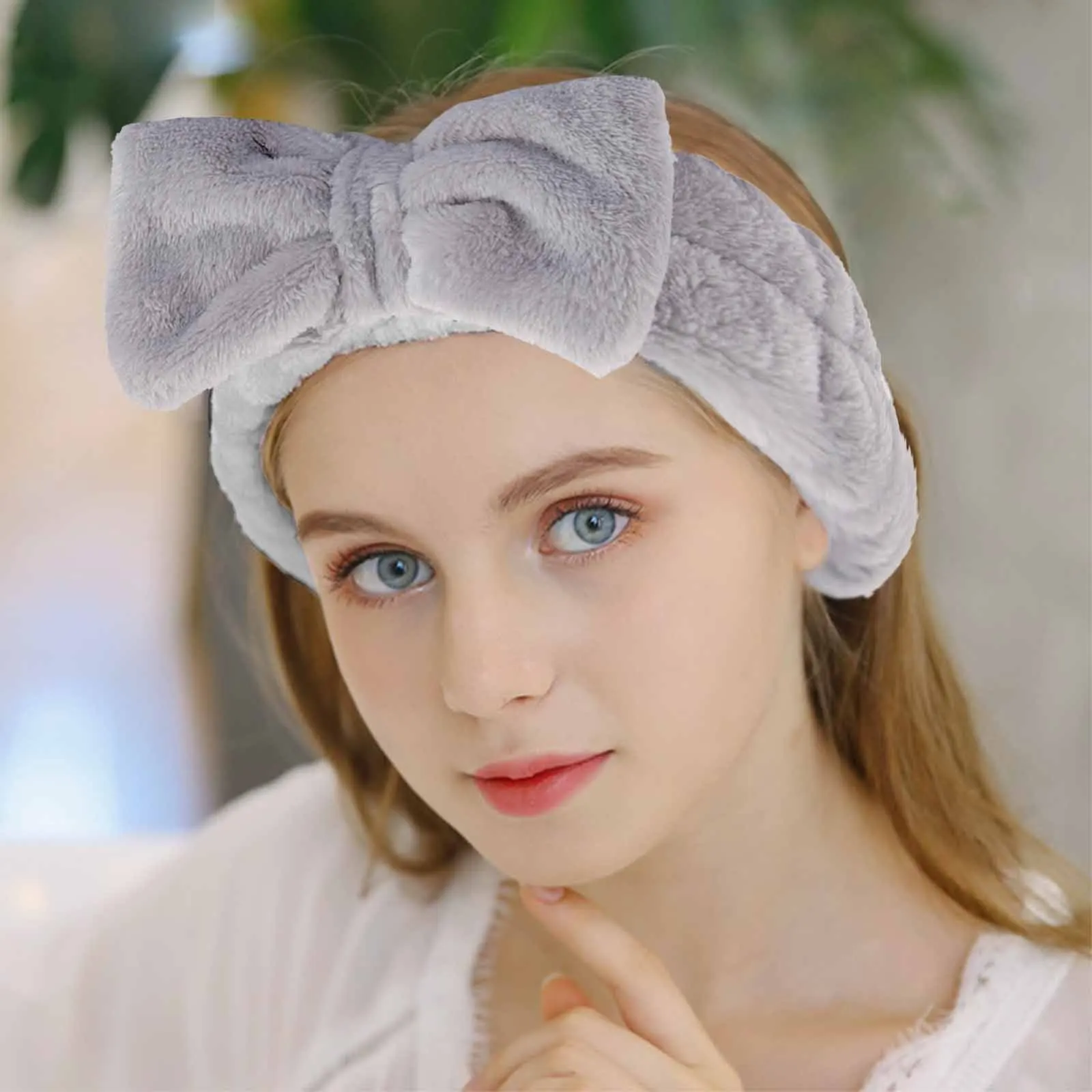 Spa Headband Cute Bowknot Headbands Puffy Soft Headband for Makeup Face Washing Skin Care Shower Yoga (Grey)