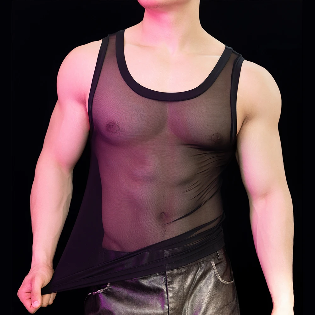 Nightclubs Party Mens See-through Mesh T Shirt Mens Bodybuilding Shirt Four Seasons Nylon Fabric Regular Length