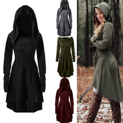 Medieval Cosplay Renaissance Archer Costumes Hooded Robe Lace Up Pullover Long Hoodie Dress Cloak Halloween Party