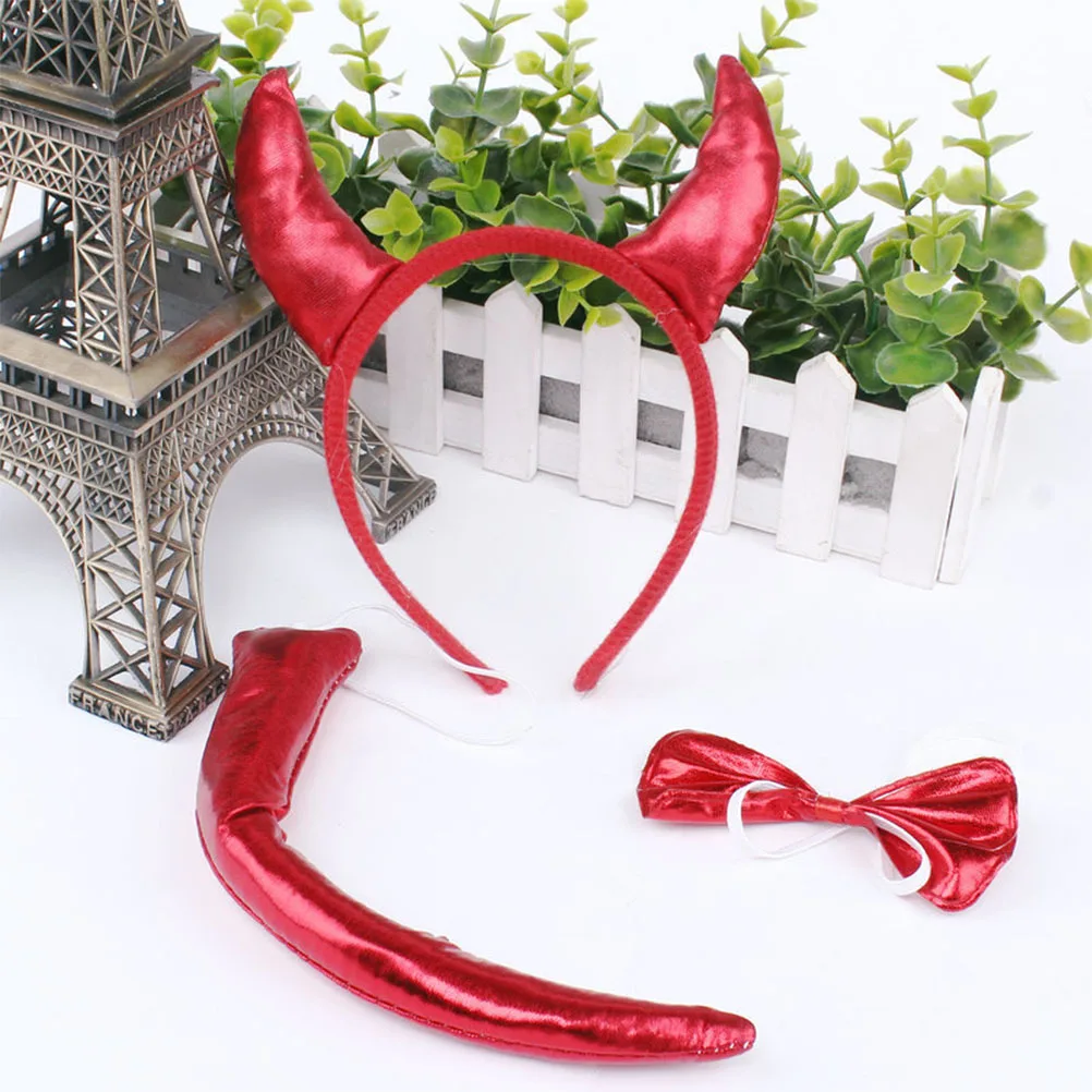 3Pcs Horned Headdress Costume Set Lightweight Headband Bow Tail Halloween Party Cosplay Kids Adults Party Accessory