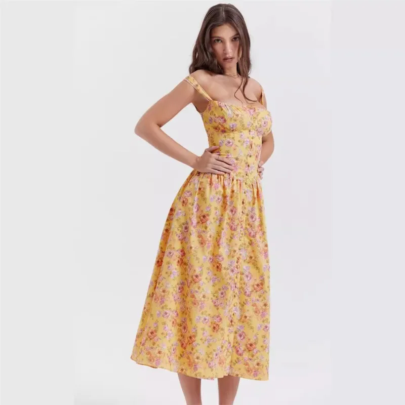 

Flower Print Sling Dress For Women Summer Sexy Chest Hugging Fashion A-line Midi Dresses Ladies Foreign Style Beach Vestidos