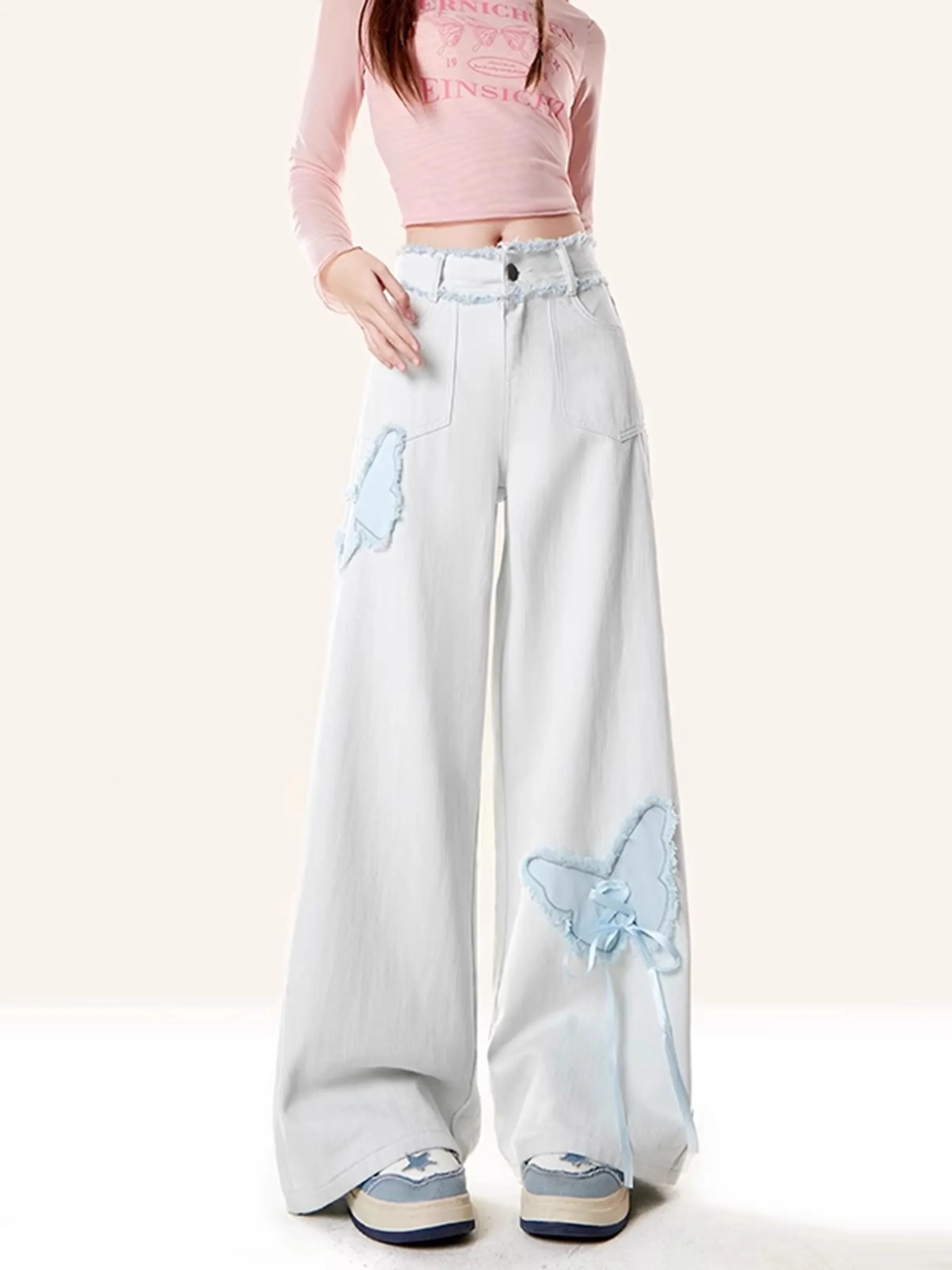여성 빈티지 자수 나비 Y2k 청바지 하라주쿠 한국 패션 레트로 와이드 레그 팬츠 스트릿웨어 스트레이트 트라우저
