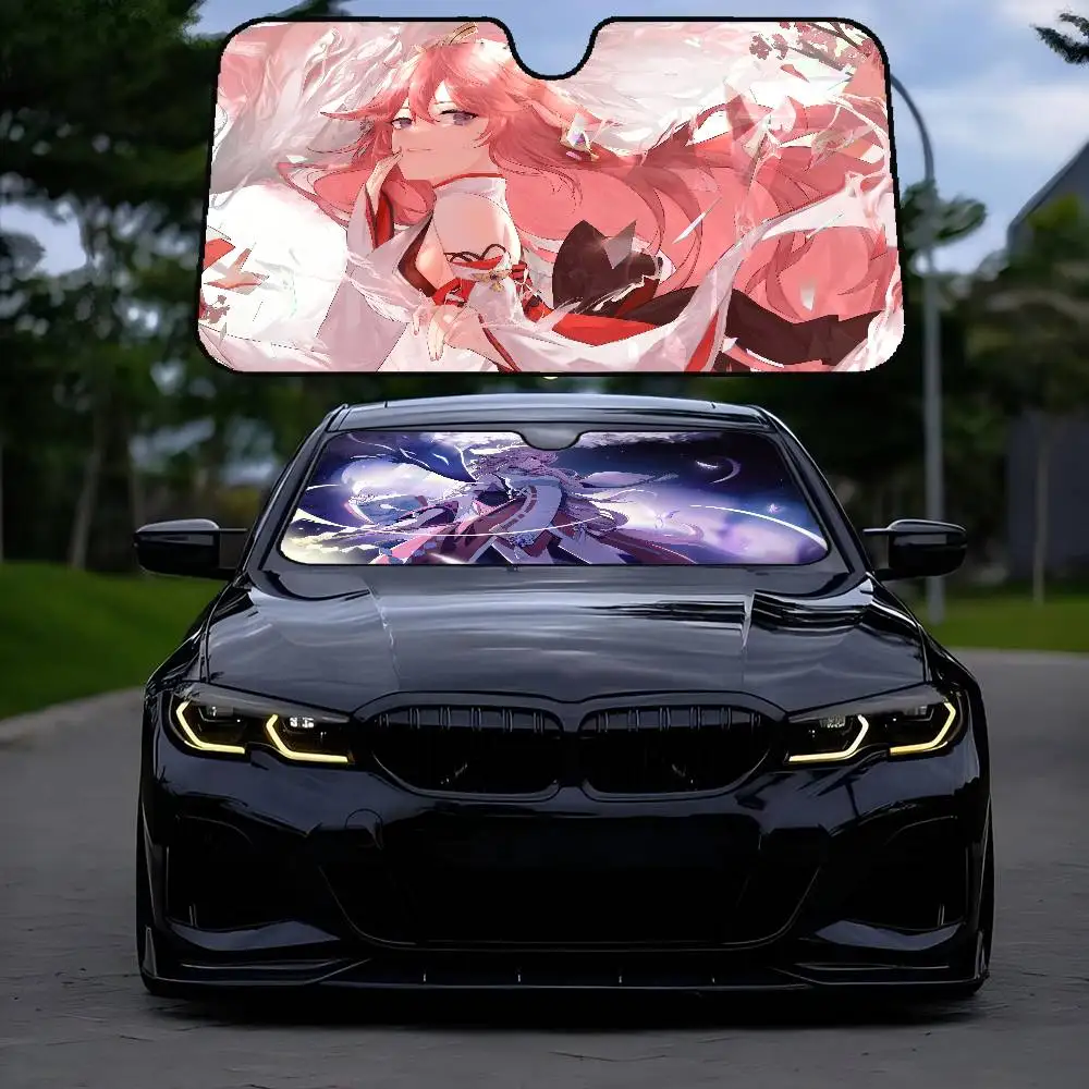 

Characters Yae Miko Foldable Front Windshield Sunshade 70x130cm Anime Cartoon Foils Car Sun Visor Sun Shade Protect