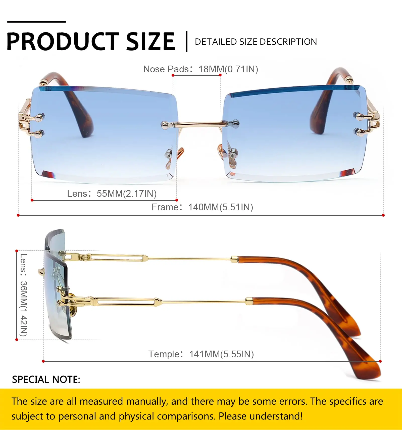 Square Ultra-Small Frame Sunglasses For Women Men Rectangle Retro See Through Lens Rimless Glasses