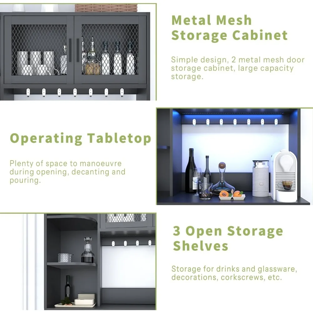 Armoire de rangement de garde-manger de cuisine noire moderne avec tiroir et étagères, poubelle inclinable, armoire à vin pour Bar à café avec lumières LED