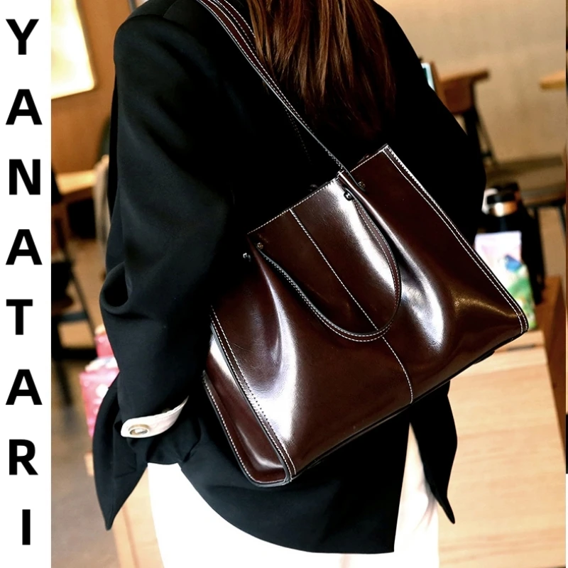 Luxury woman Shoulder bag soft leather large capacity square tote bag Vintage Fashionable cowhide Handbag Shopping underarm bags