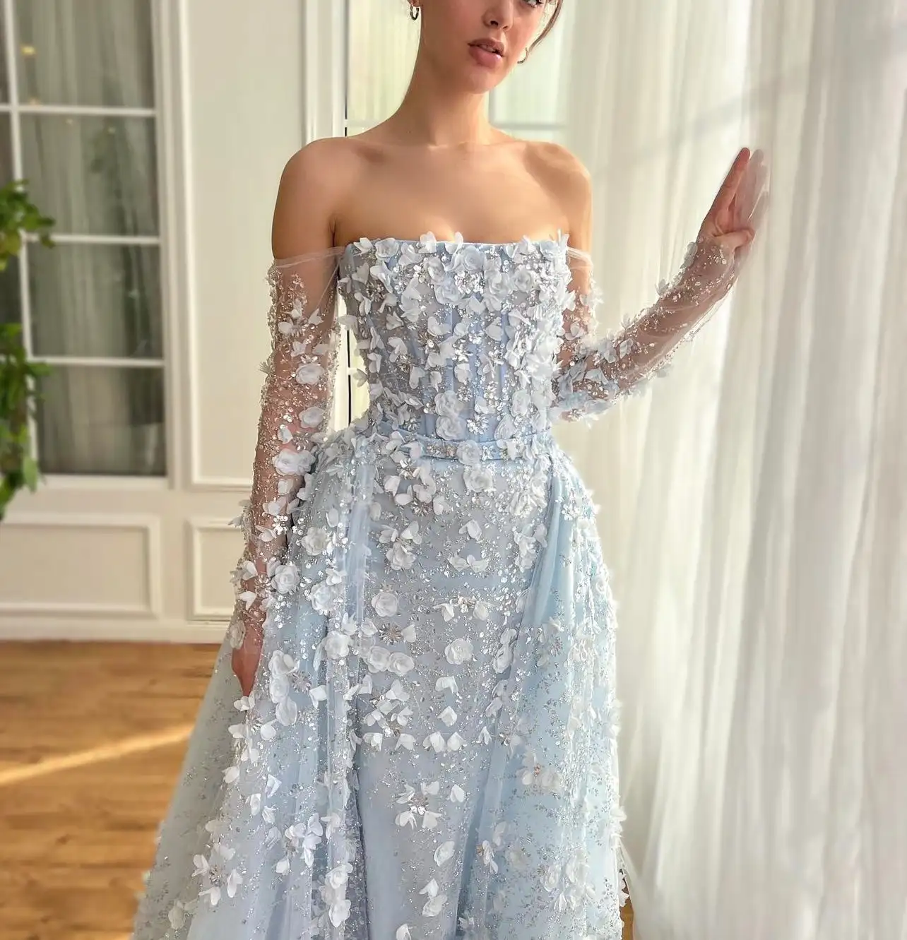 

Baby Blue Glitter Lace Sequin Party Gown 2024 Off Shoulder Long Sleeves Mermaid Evening Dresses Wedding Dress With Overlay Skirt