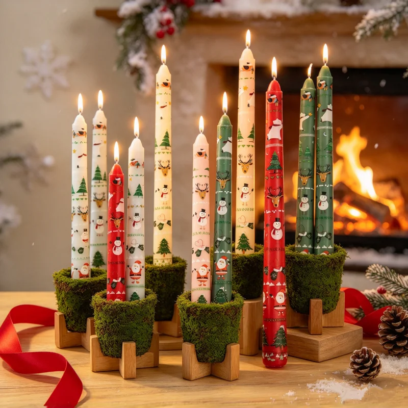 2 Pack 10-inch Tall Unscented Christmas Candles with Cartoon Holders Winter Holiday Table Decor Seasonal Home Decor