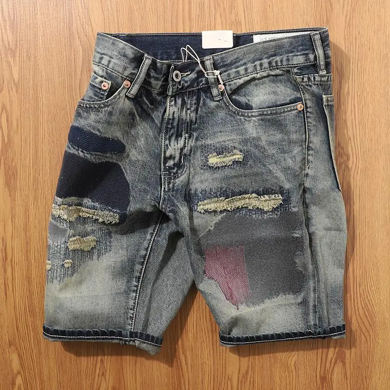 High Quality Luxury Clothes Vintage Patchwork Denim Shorts Men\'s Casual Knee Length Jeans Retro Washed Cotton Short Pants Summer