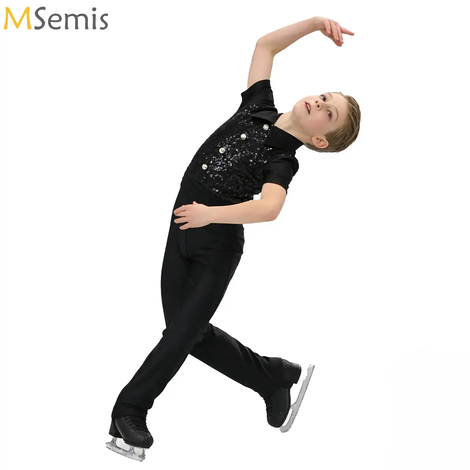 

Kids Boys Figure Skating Gymnastics Bodysuit Latin Ballroom Rumba Dance Costume Short Sleeve Shiny Sequins Buttons Jumpsuits