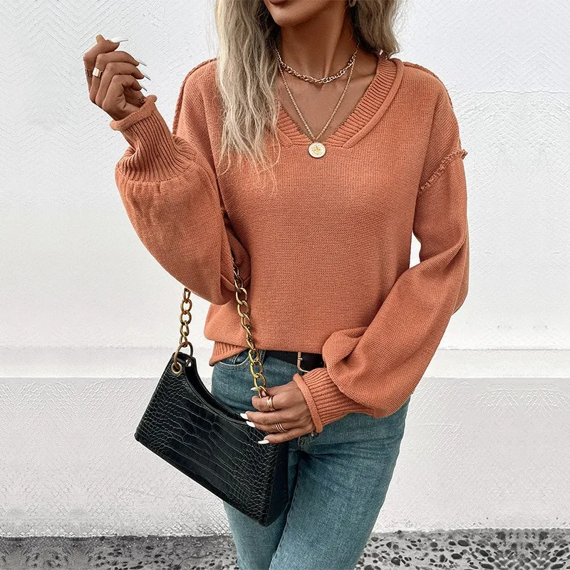 2024 New autumn and winter multi color fashionable women's long sleeved V-neck solid color casual sweater