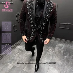 Luxury Beaded applique Herringbone Tweed Suits For Men Wool 3 Piece Pants Set Formal Groom Wedding Party Tuxedo Blazer Masculino