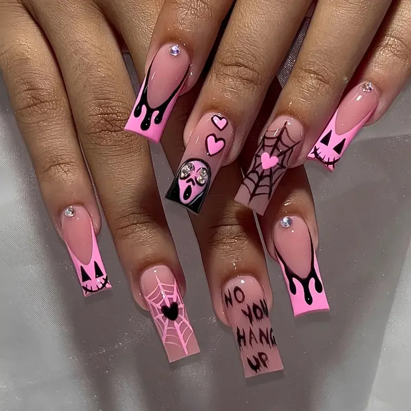 

24PCS Press on Nails Halloween Square Sweet Cool Little Ghost Wearing Armor Detachable Fake Nail Pink Love French Fake Nails