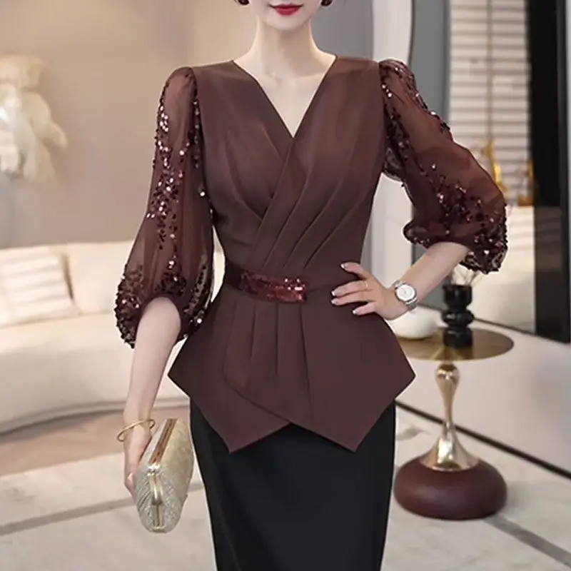 2025 automne nouvelle mode col en v épissage paillettes Design haut pour les femmes décontracté et élégant