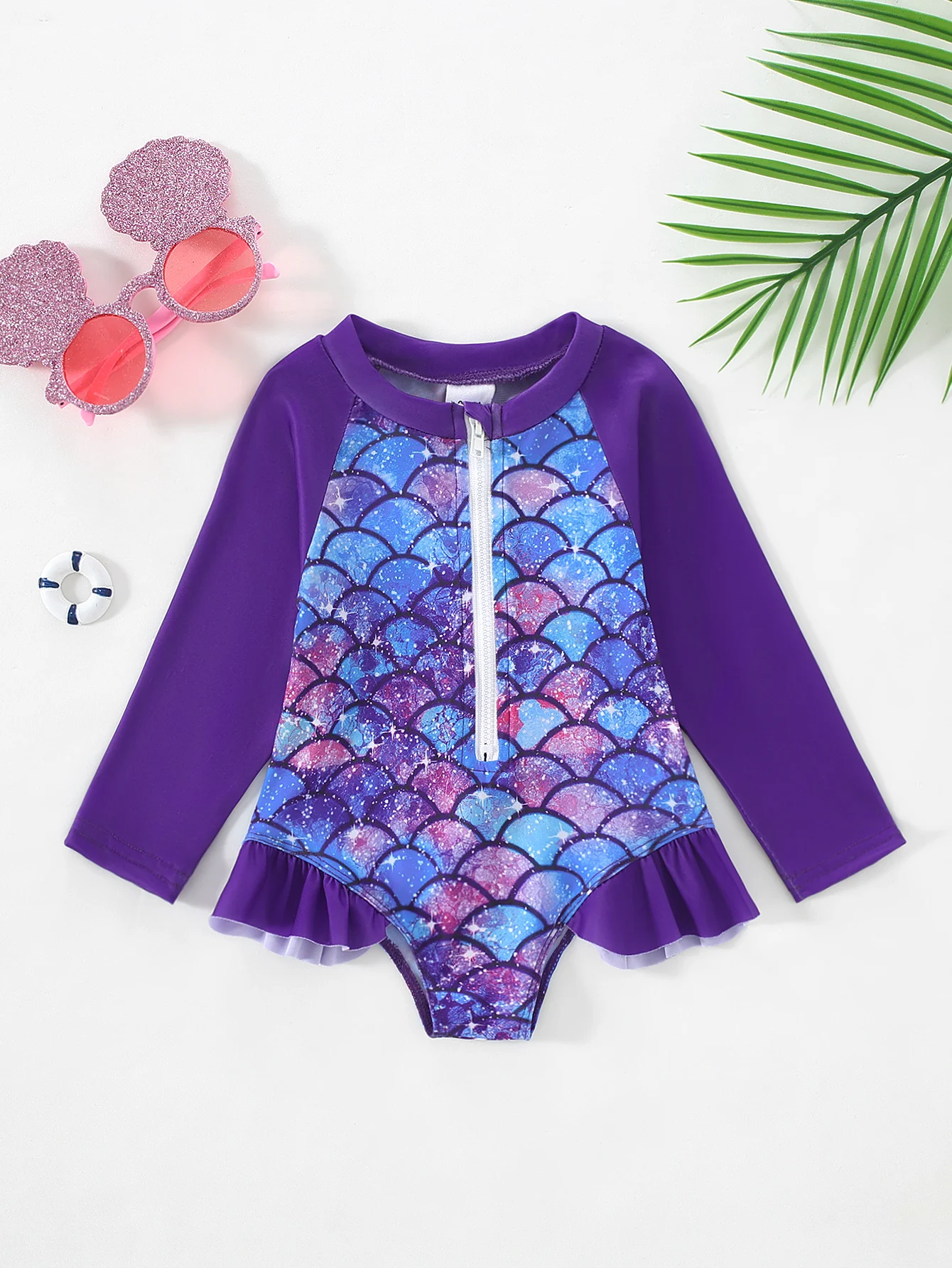 

Детский купальник в стиле русалки с длинными рукавами для защиты от солнца, с принтом «звездная чешуя», на молнии спереди, с оборками по низу