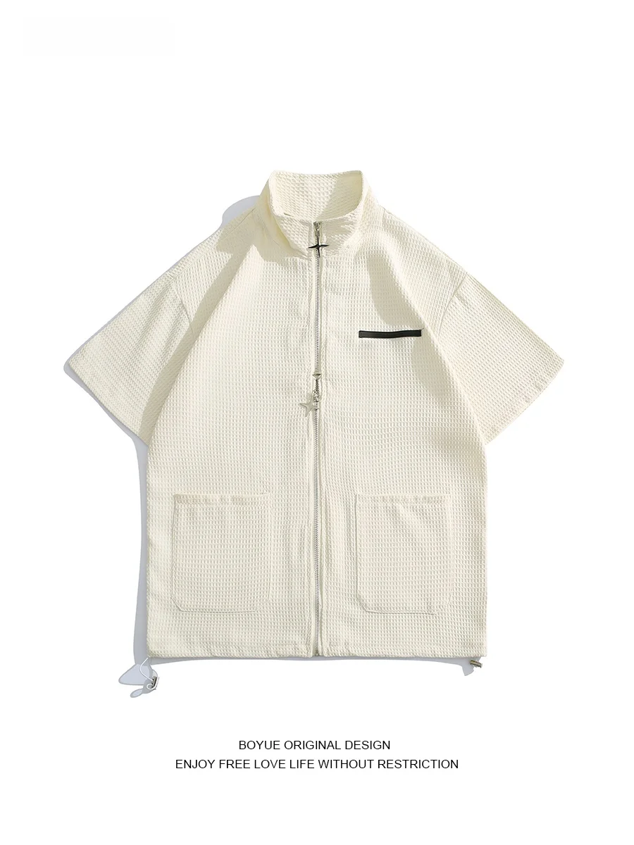 

Boyue ort Sve irt Men's Double Zipper Fun Design Student Sle Summer Casual Loose Fit Pure Color Five Button Stand Co...
