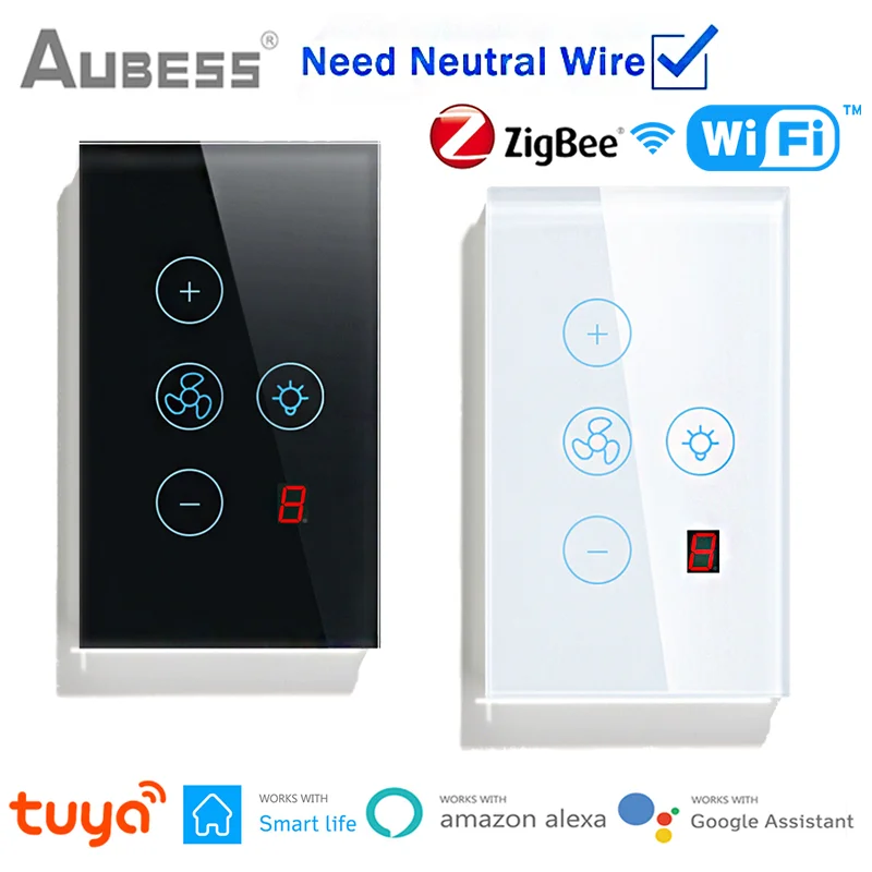 Tuya Zigbee WiFi Smart Fan Light Switch APP Timing,Five-speed Control Smart Home Touch Light Switch work with Alexa Google Home