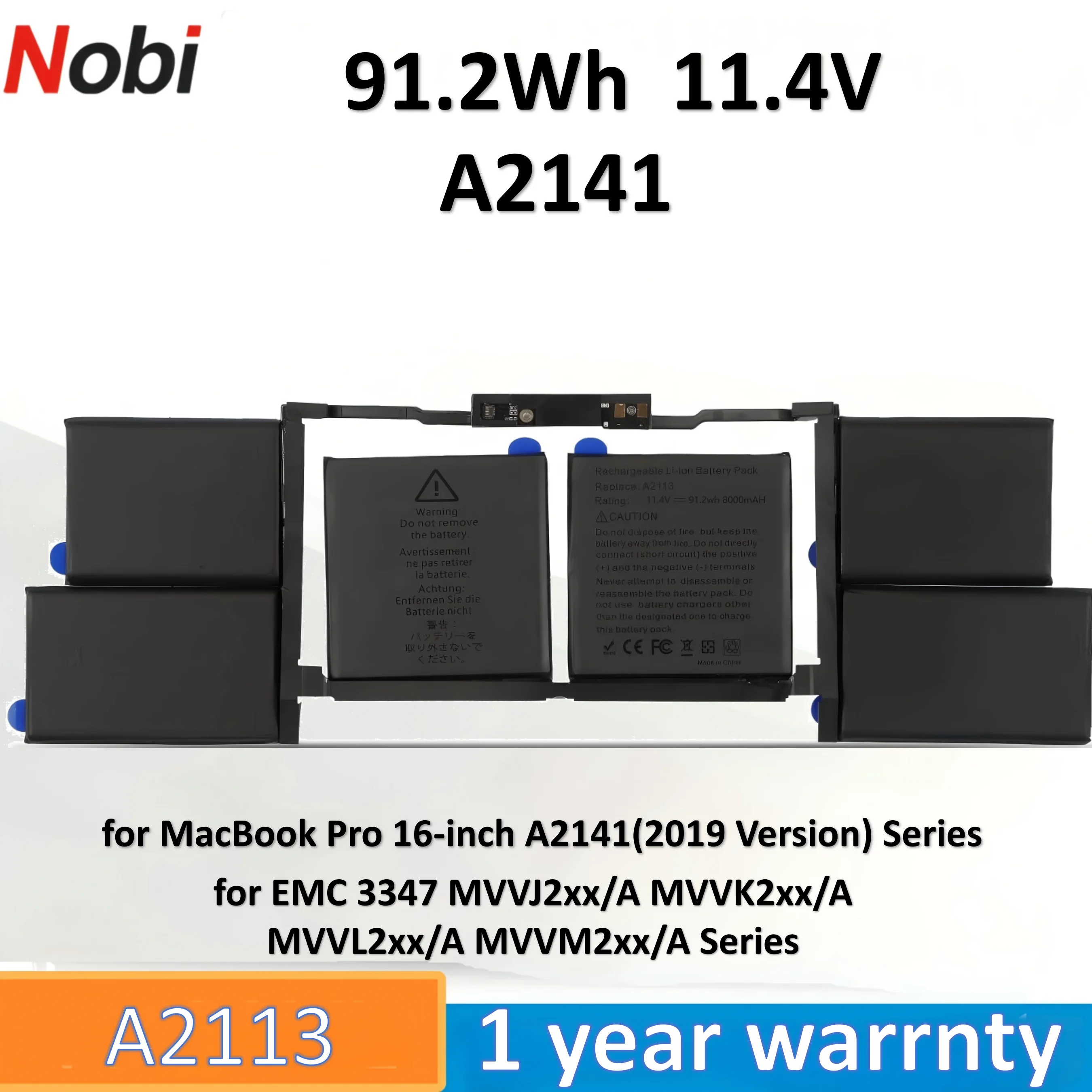 

Nobi A2113 A2141 Laptop Battery for MacBook Pro 16-inch A2141(2019 Version) EMC 3347 MVVJ2xx/A MVVK2xx/A MVVL2xx/A