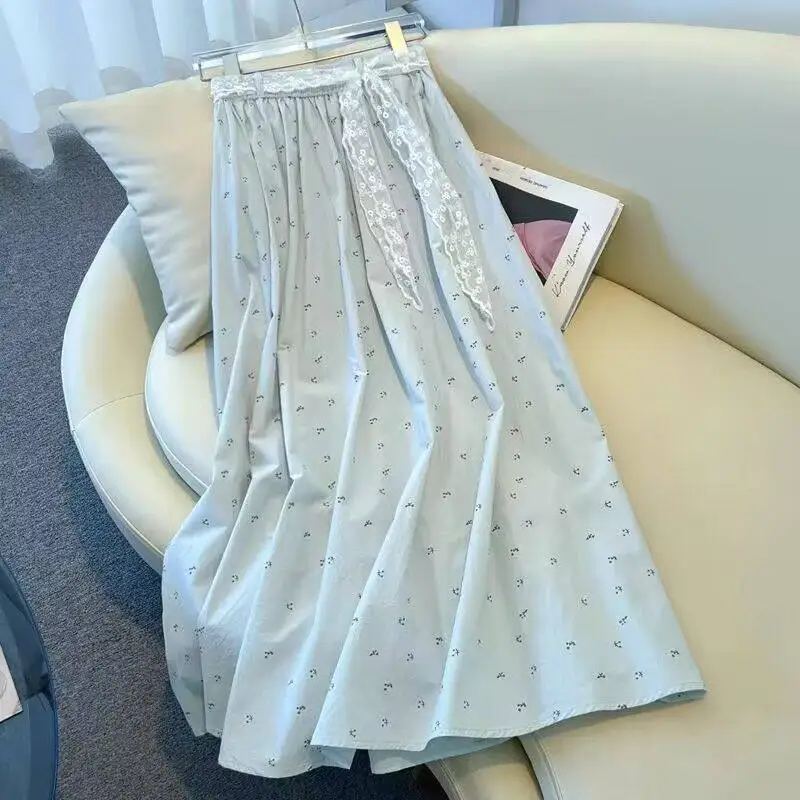 Korean Fashion Sweet Preppy Style Ditsy Tiny Bow Floral Maxi Skirt Lace Ribbon Elastic High Waist Flowy A Line Swing Long Skirt