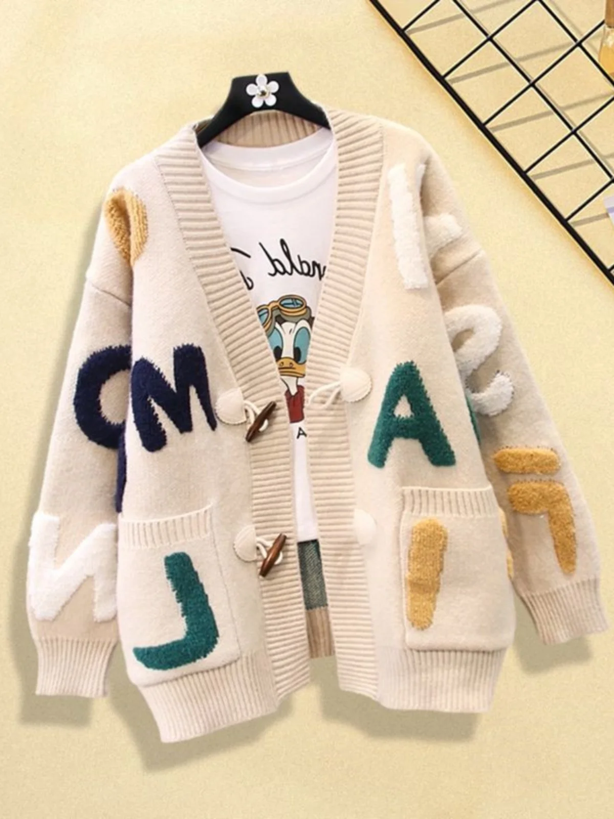 

Red Thiened Knitted Cardigan Sweater Outerwear for Women Spring Autumn High School Students Luy Year Street Sle Loose Fit