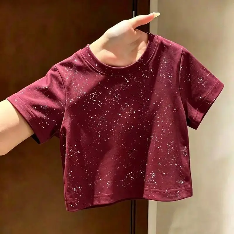 Girls Starry Sky Design American Short Sleeved T-shirt Sequined Round Neck Casual Loose Pullover Top