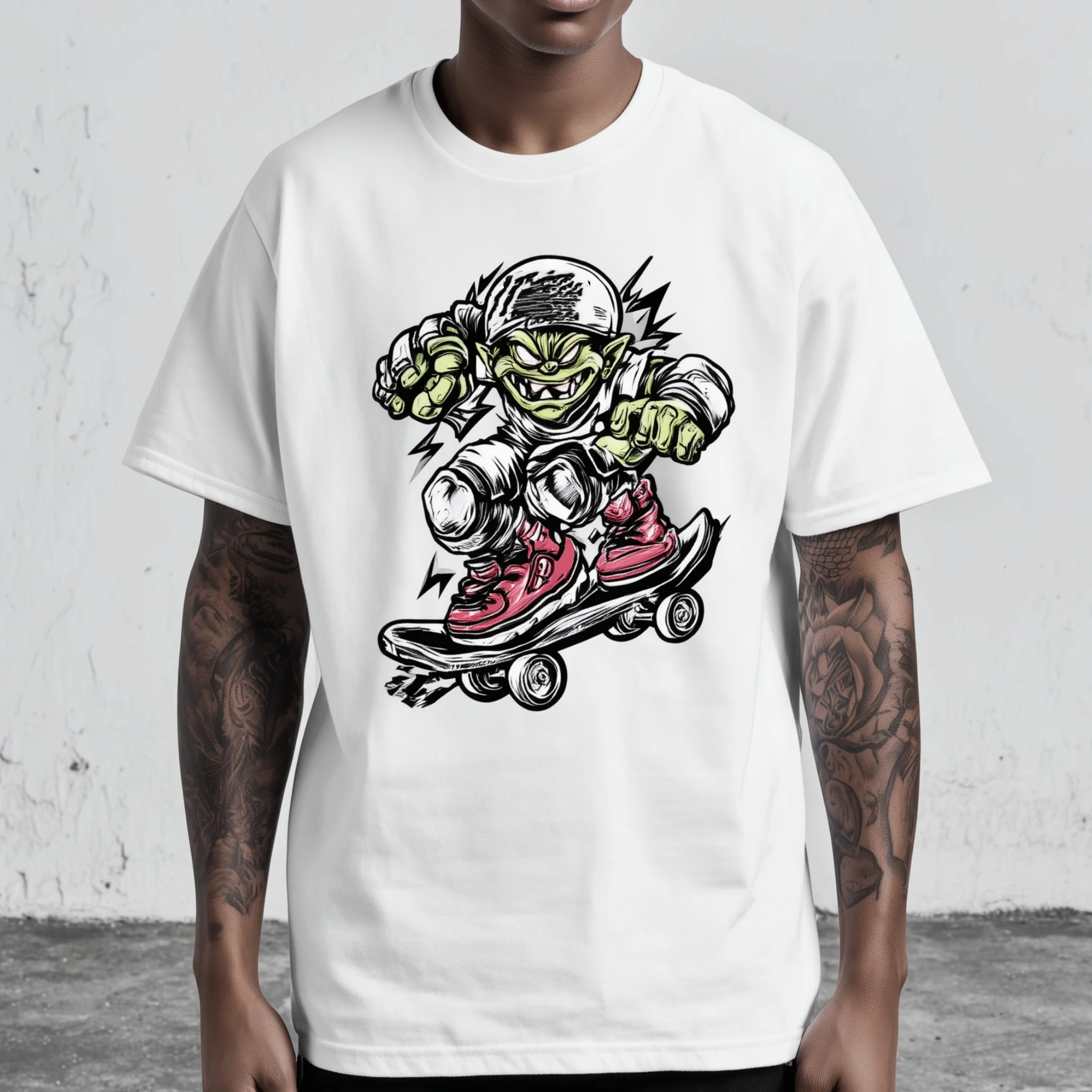 

Teevo White T-Shirt with Cool Monster Skateboarding Design for Casual Wear