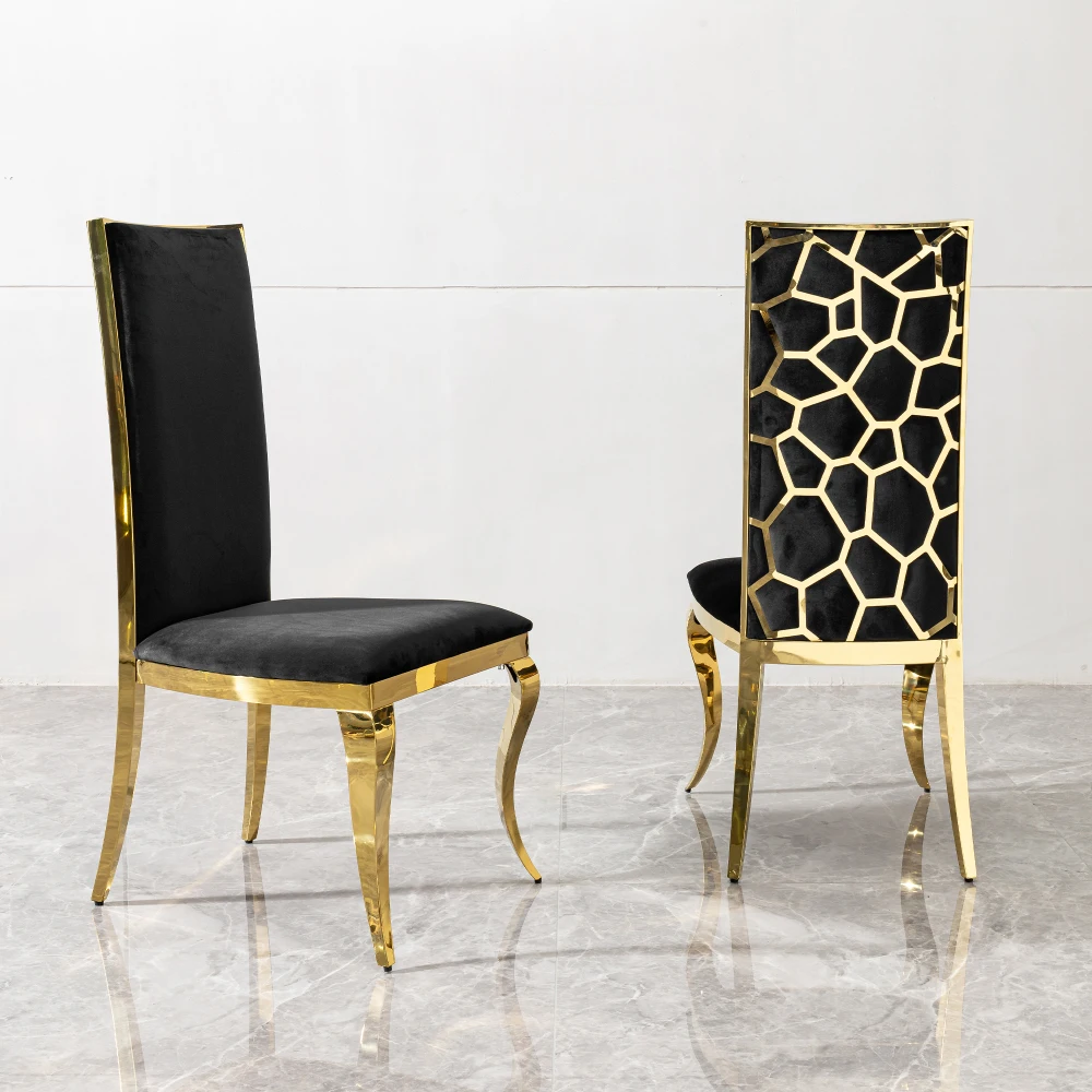 Dining Chair Black Velvet with Unique Design Backrest Set of 2,mirror Gold Stainless Steel Legs,Easy Clean,Dining Room Furniture