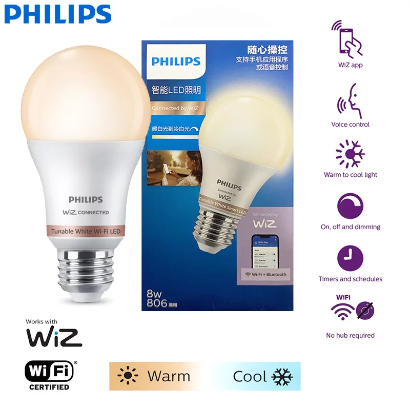 

Philips Tunable White Wi-Fi LED 8W A60 E27 Smart Bulb 220-240V WiZ App Control Теплый и холодный белый цвет EyeComfort Лампа с регулируемой яркостью