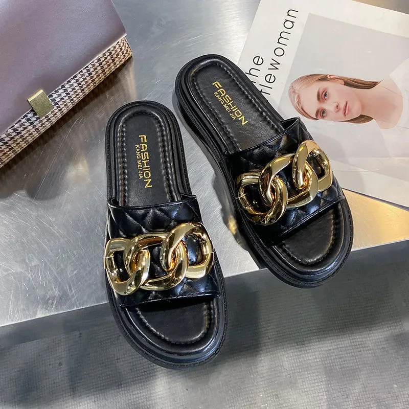 Net Red Fashion Thick Bottom Sandals And Slippers Women\'s All-match Summer Casual Metal Buckle One-word Slippers