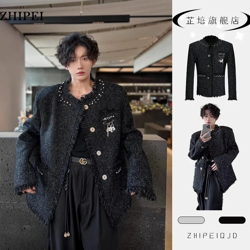 Retro art Student Outfit Small Fragrance Style Suit Jacket Men's Style High-end and Cool Shoulder Pads Collarless Jacket Trendy