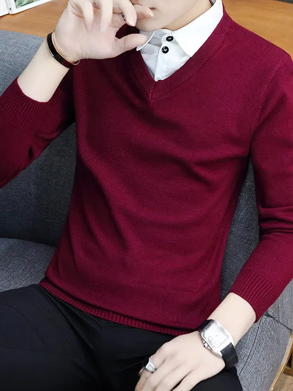 

Men's Slim Fit Wool Knit Sweater with irt Collar Fake Two-Piece Casual Sle Winter Season V-Ne Long Sve Color