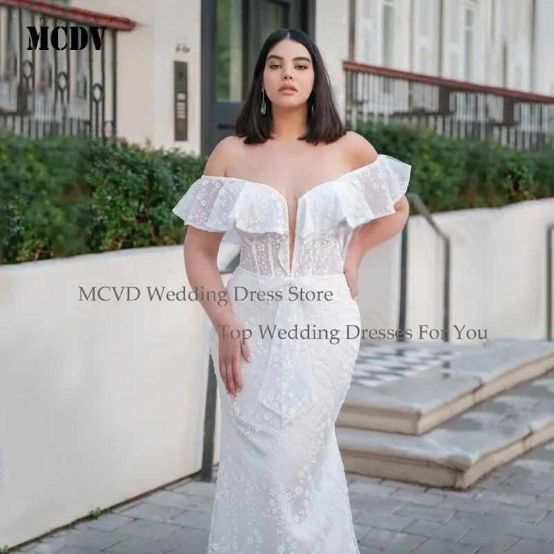 

MCDV Large Size Wedding Dresses Deep V Neck White Elegant Appliques Mermaid Customized Bride Gowns