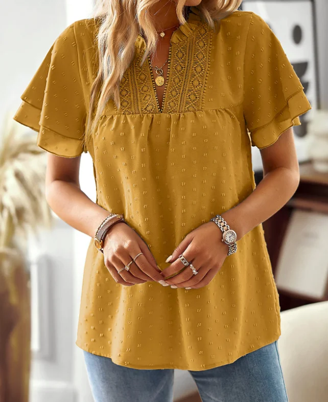

Women's Fashion T-Shirt 2025 Summer Latest Hot Selling Style Elegant and Sexy Vacation Casual Style Deep V Wave Neck Shirt