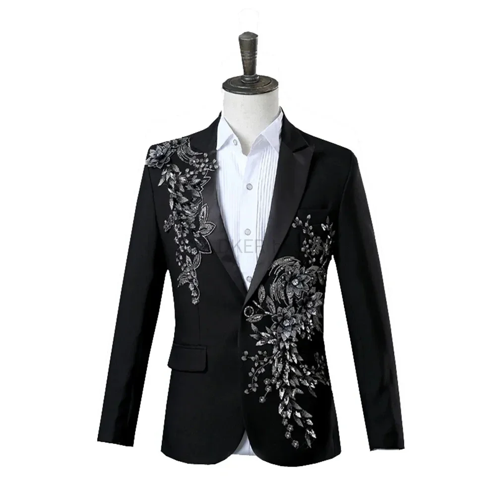 Men's Black Suit with Silver Floral Embroidery 2-Piece Formal Tuxedo Set Stage Performance Wedding Party Blazer and Pants Suit