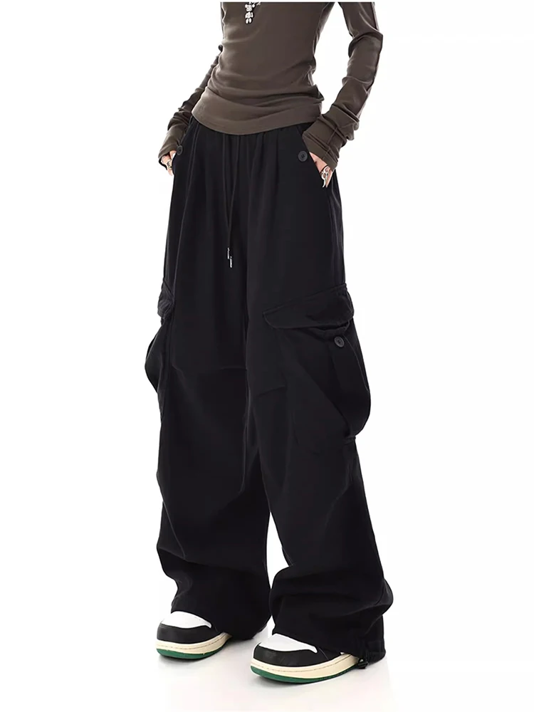 

Women's High Street Casual Overalls Solid Color Loose Wide Leg Pants American Retro 90's Oversized Y2k Black Cargo Pants