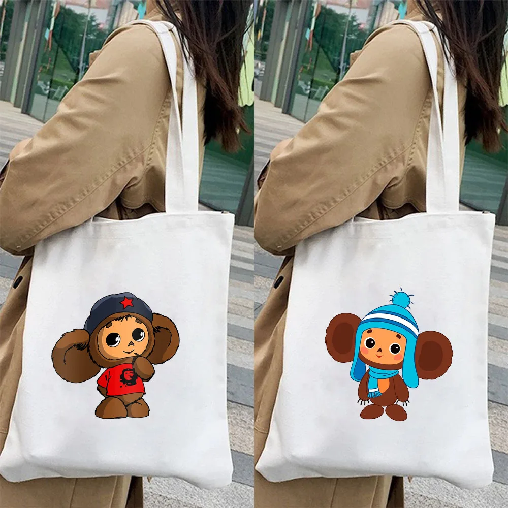 Russia Cheburashka Cute Cartoon Monkey Soviet Russian Doll Girls Womens Canvas Shoulder Bag Handbag Tote Eco Cotton Shopping Bag