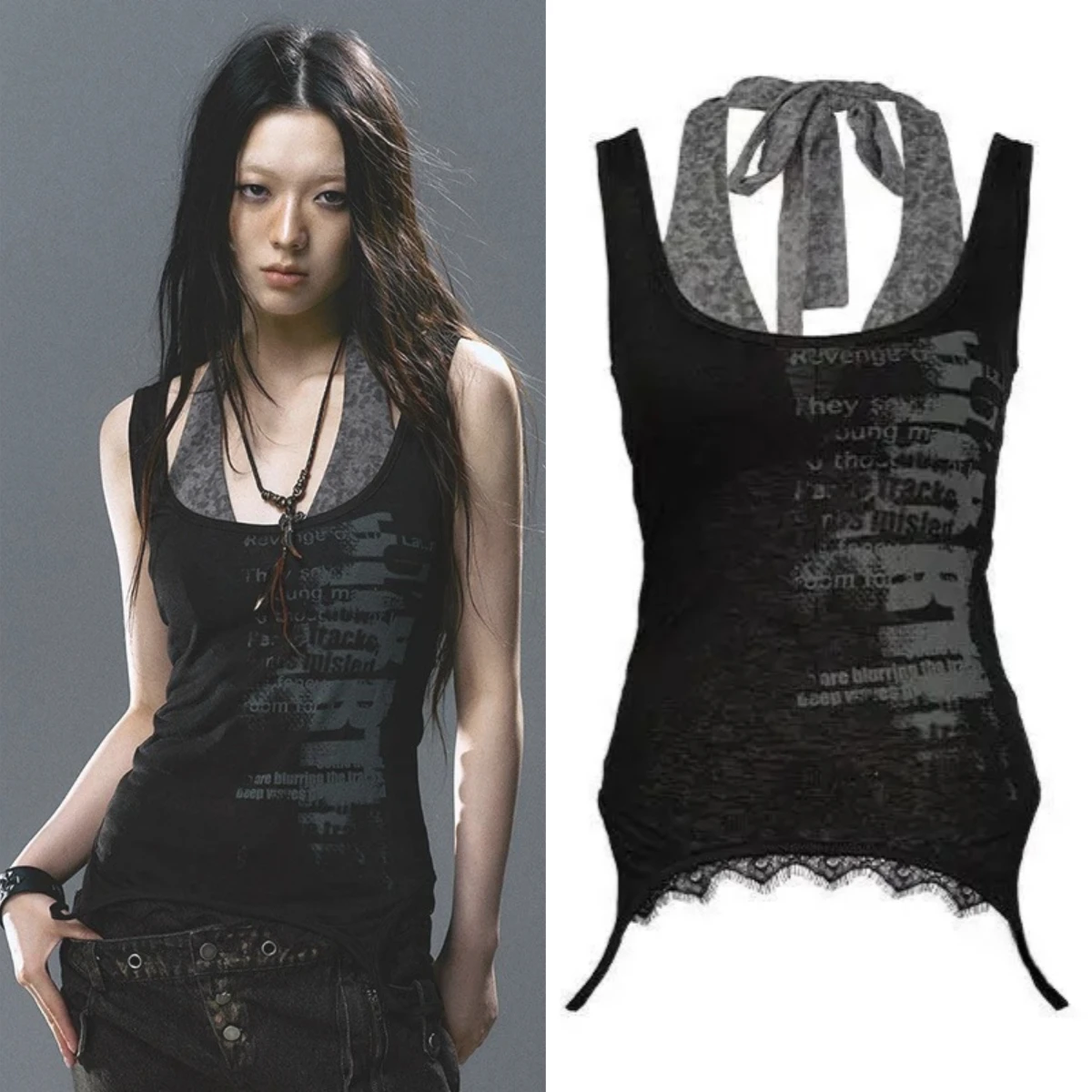 Grunge Aesthetics Fake Two-piece Tank Tops Camisole Y2k Lace Patchwork Camis Vintage Gothic Black Sleeveless Streetwear Punk