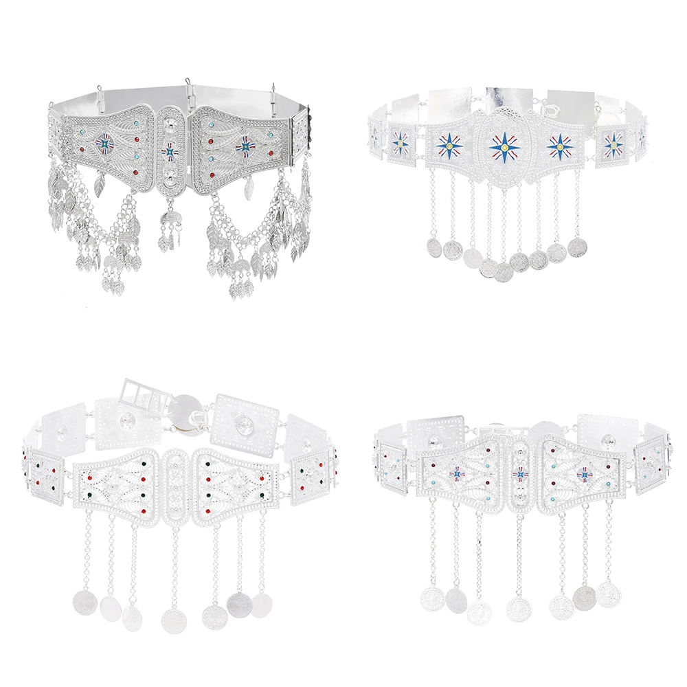 

Silver Plated Assyrian National Flag Leaf Coins Tassel Pattern Metal Waist Chain Fashion Ethnic Pendant Belts Body Belly Jewelry