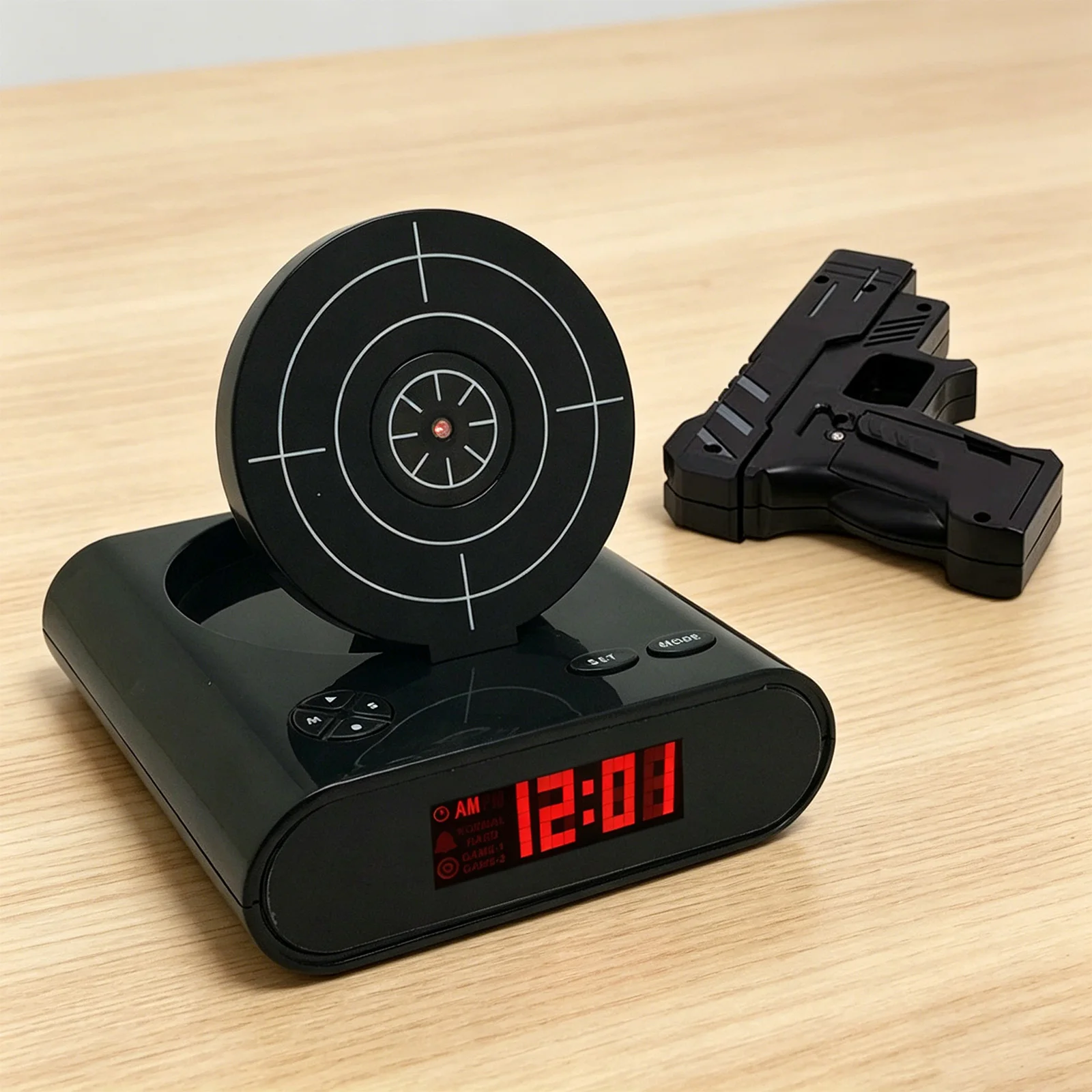 Personalized Wake Shot Alarm Clock with Gun & LED Display Electronic Desk Clock Fun Target Laser Shooting Clock 2 Alarming Modes
